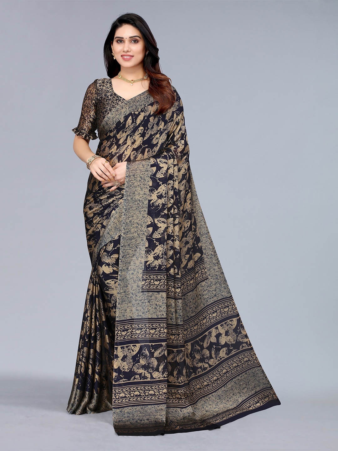 

Winza Designer Navy Blue & Gold-Toned Floral Zari Pure Chiffon Fusion Saree