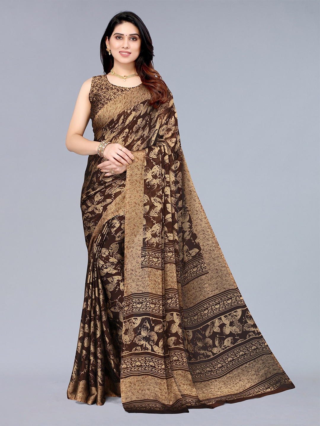 

Winza Designer Brown & Gold-Toned Floral Pure Chiffon Saree
