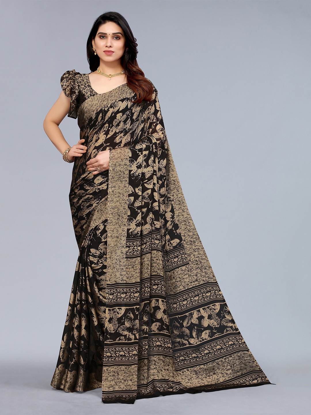 

Winza Designer Black & Cream-Coloured Floral Pure Chiffon Saree