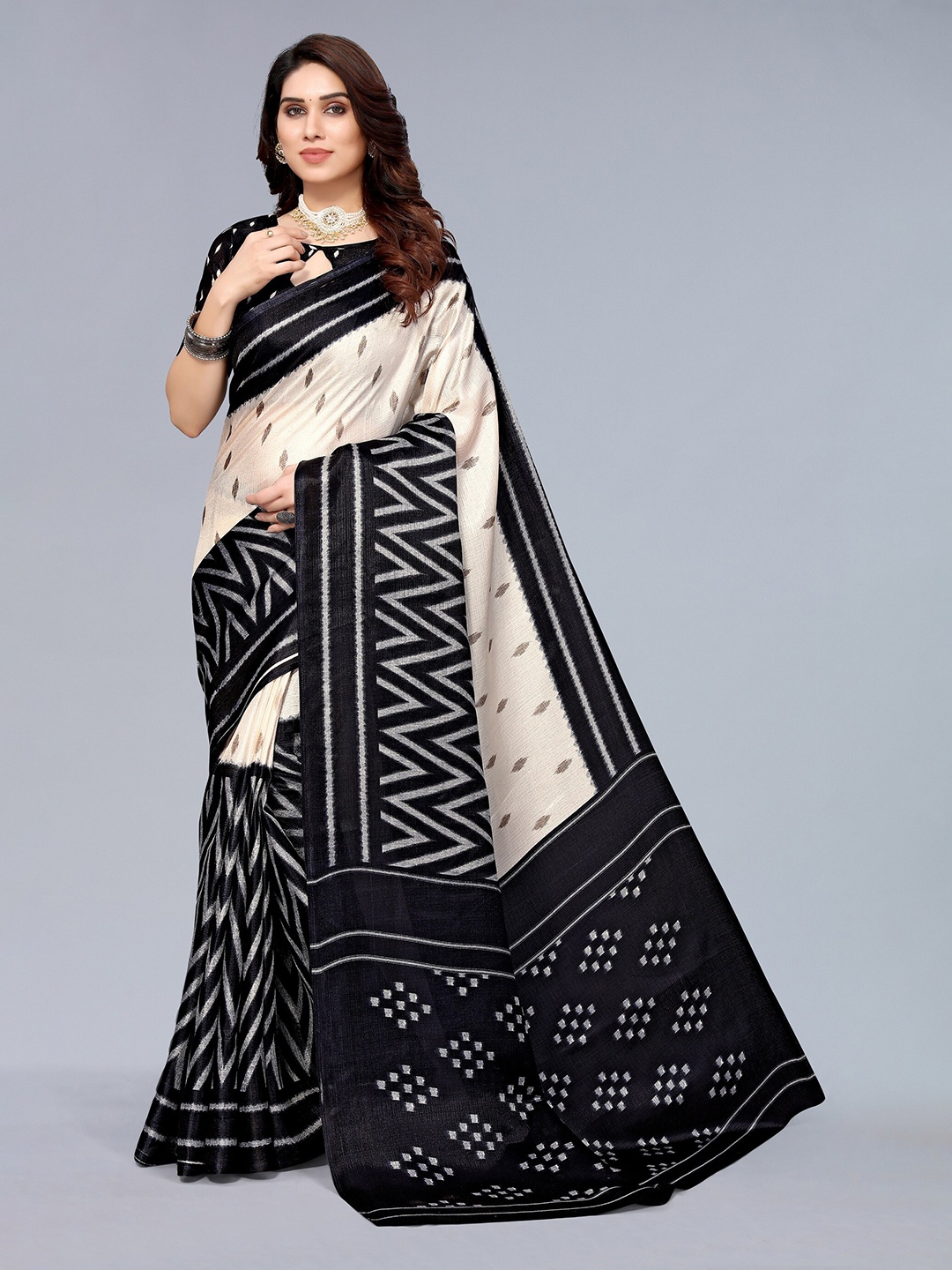 

Winza Designer Black & Off White Ethnic Motifs Zari Silk Cotton Khadi Saree