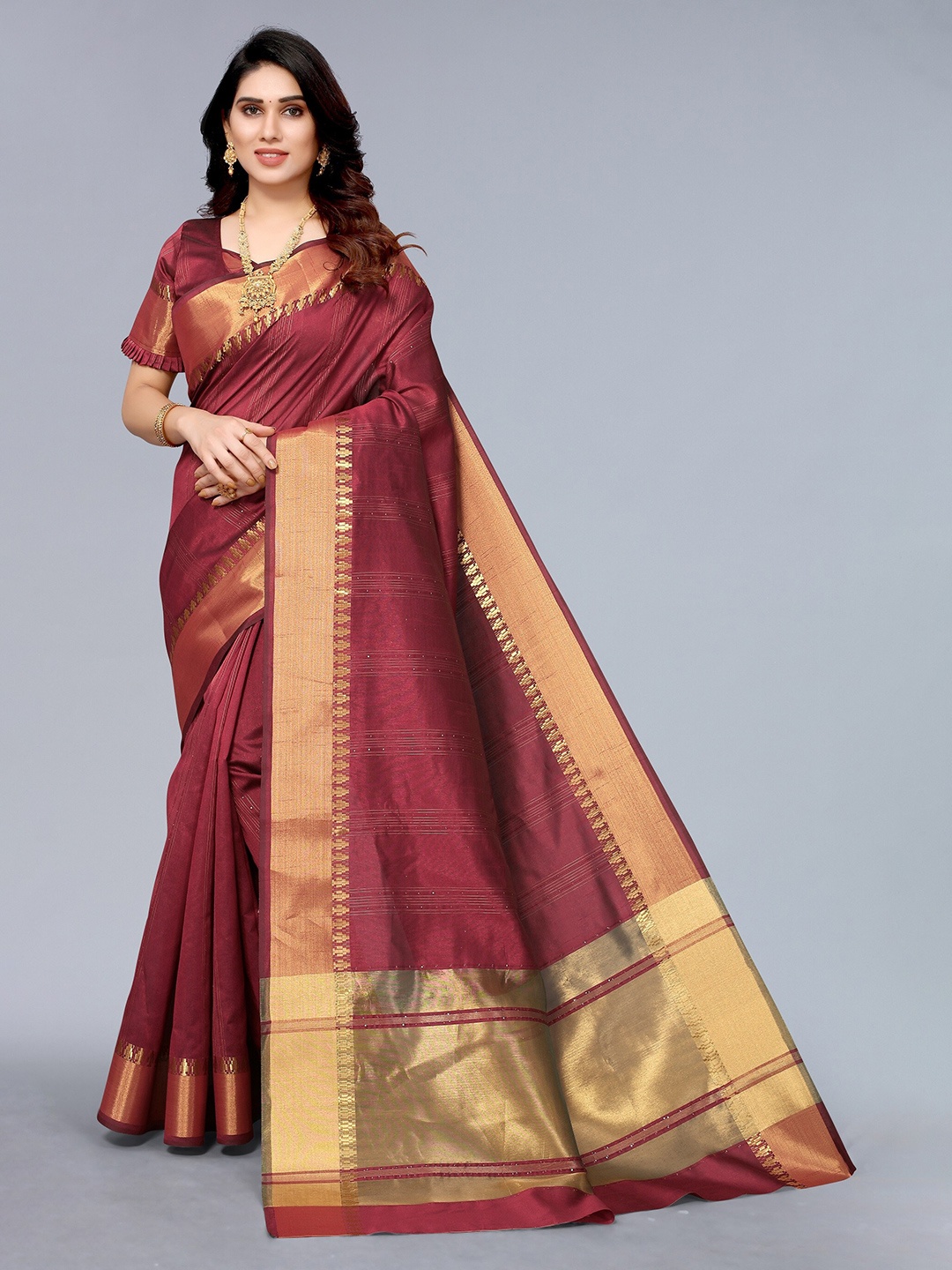 

Winza Designer Burgundy & Gold-Toned Woven Design Zari Silk Blend Banarasi Saree
