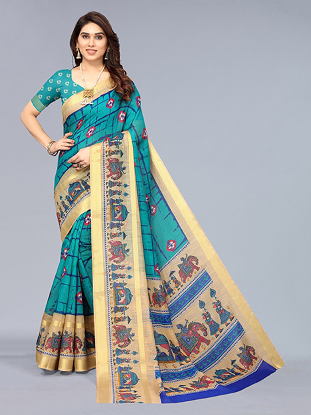 

Winza Designer Teal & Blue Ethnic Motifs Zari Cotton Saree