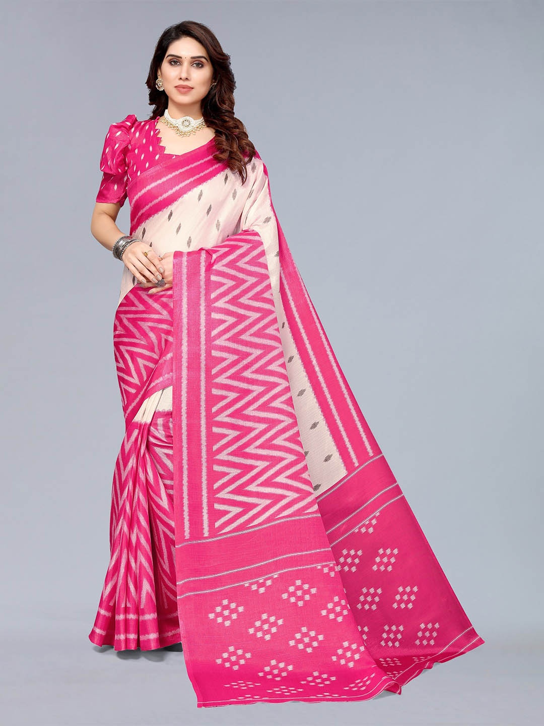 

Winza Designer Pink & Off White Ethnic Motifs Zari Silk Cotton Khadi Saree