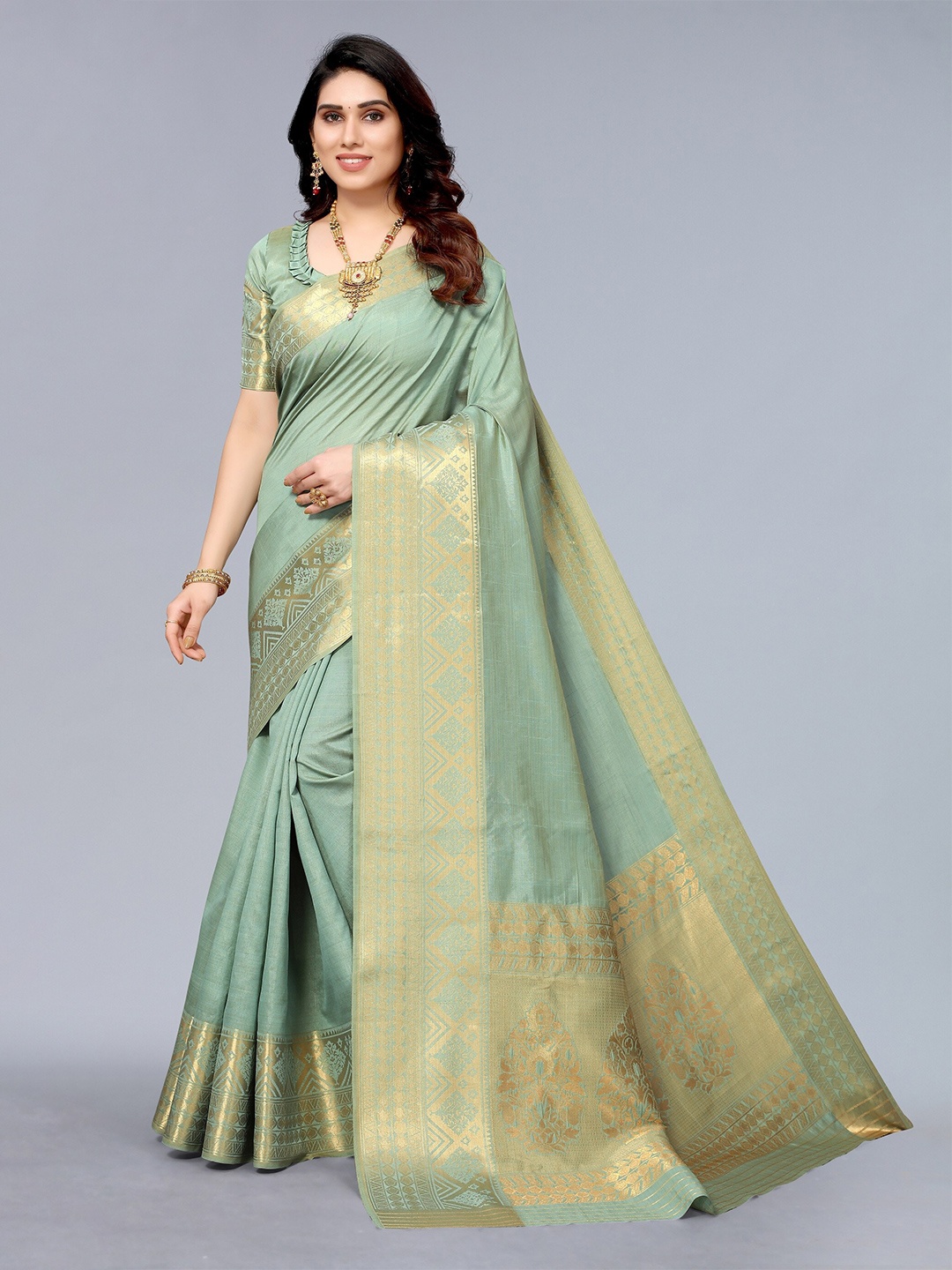 

Winza Designer Sea Green & Gold-Toned Zari Silk Blend Banarasi Saree