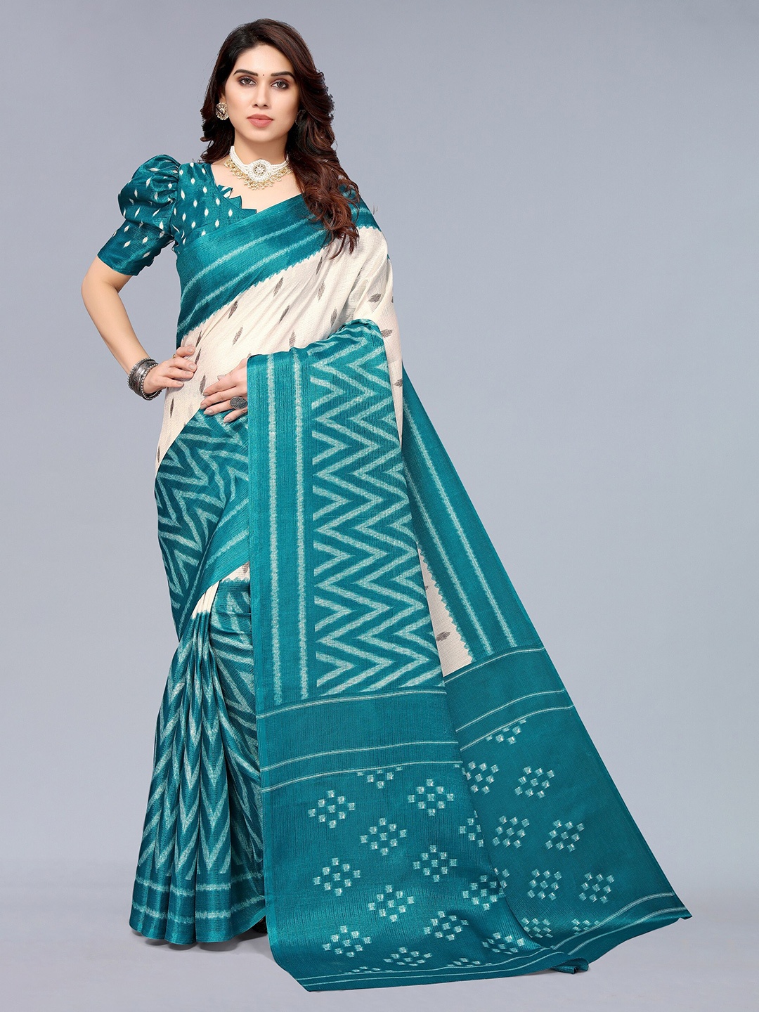 

Winza Designer Teal & Cream-Coloured Silk Cotton Khadi Saree