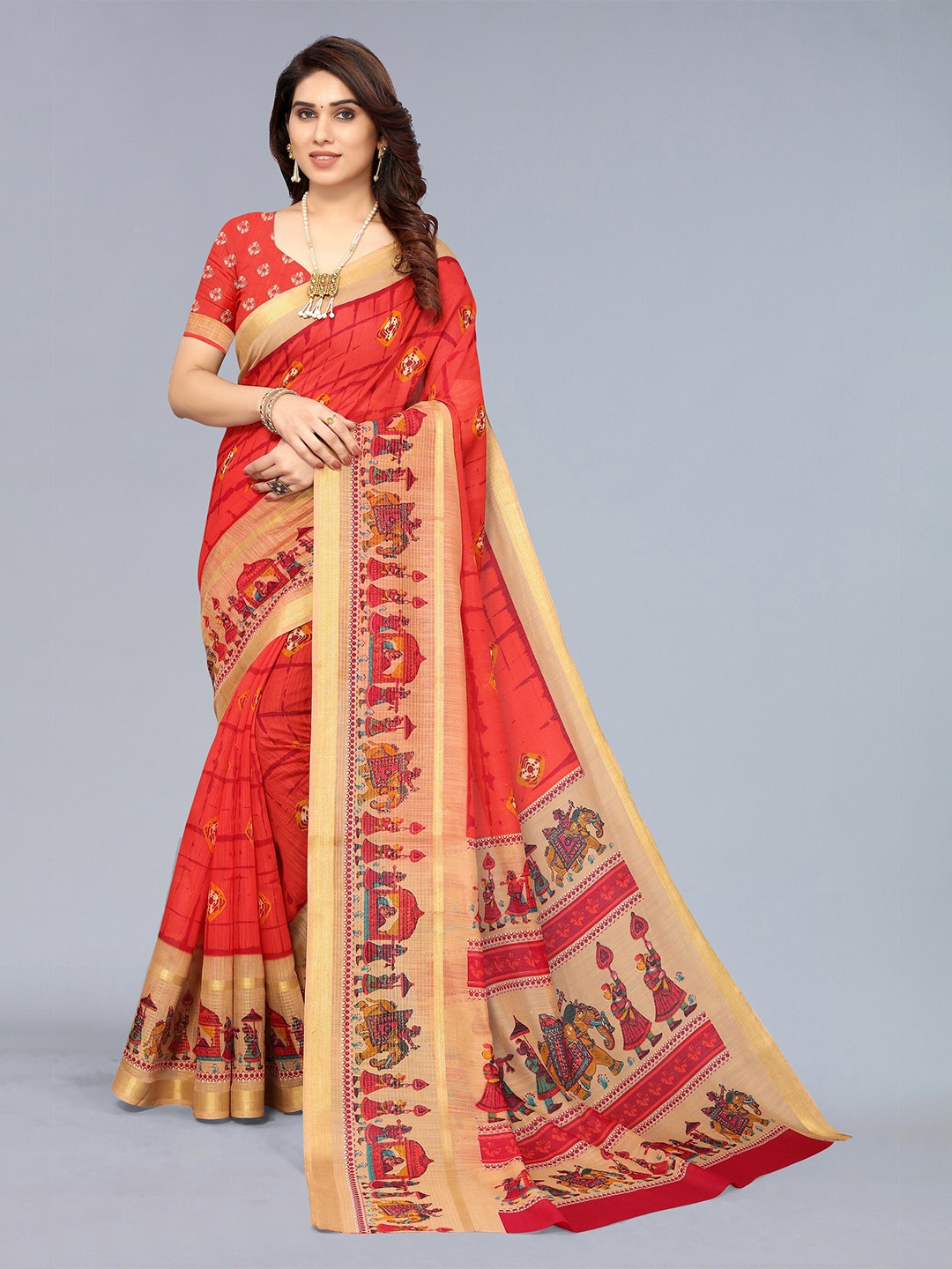 

Winza Designer Red & Gold-Toned Kalamkari Saree