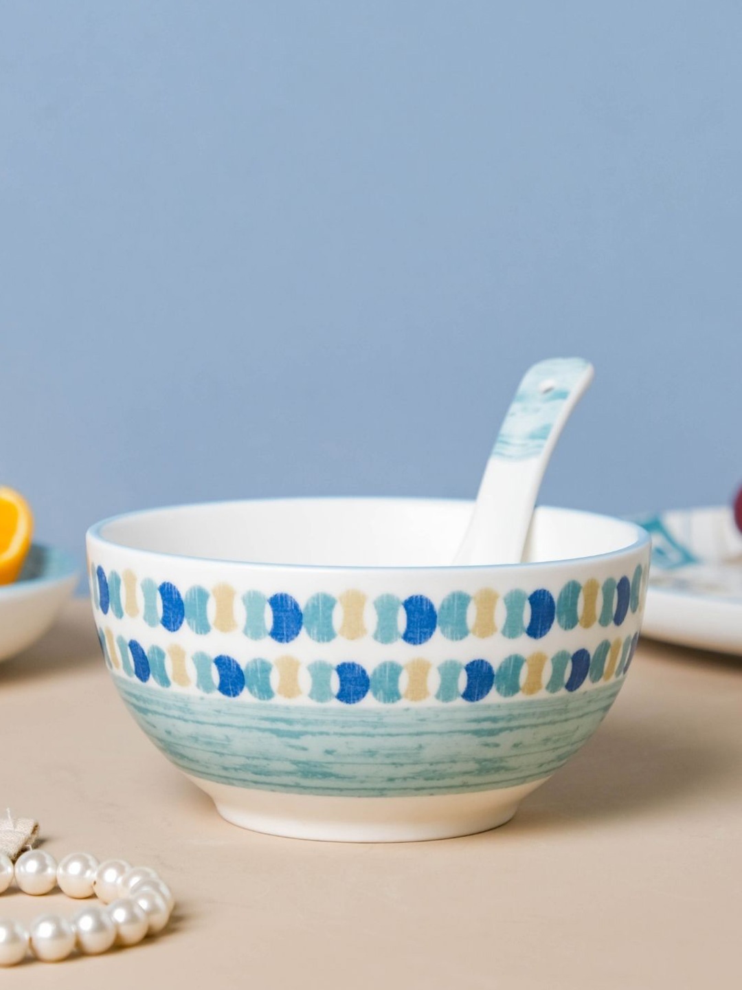 

Nestasia White & Blue Microwave safe Printed Ceramic Glossy Bowls 450 ml