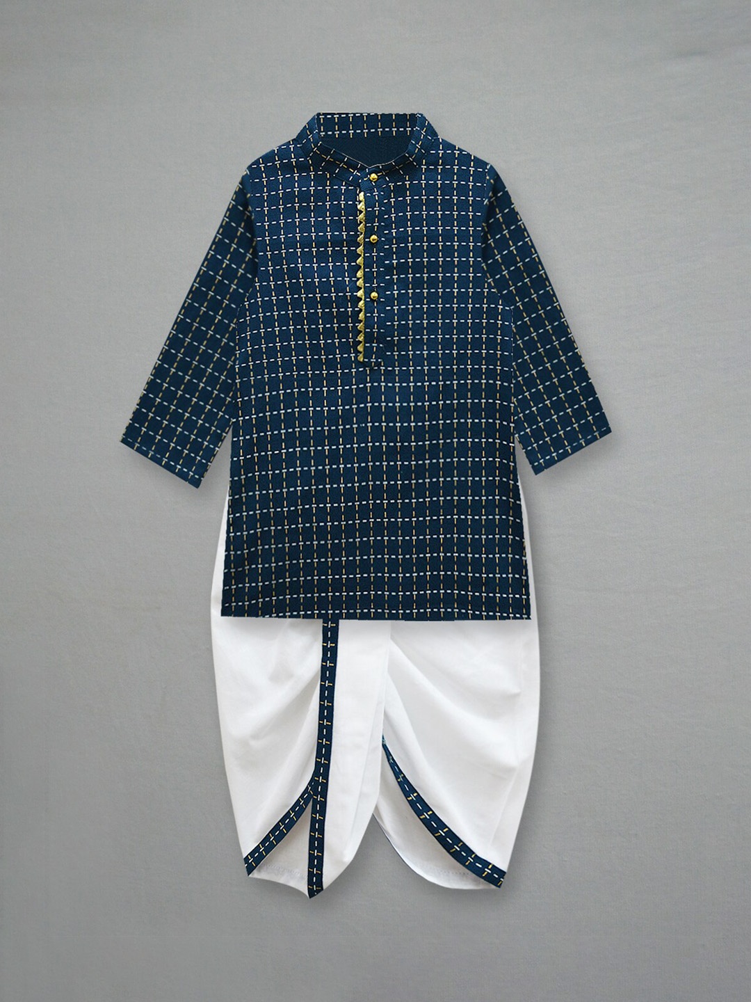 

A T U N Boys Checked Mandarin Collar Pure Cotton Kurta With Dhoti Pants, Navy blue