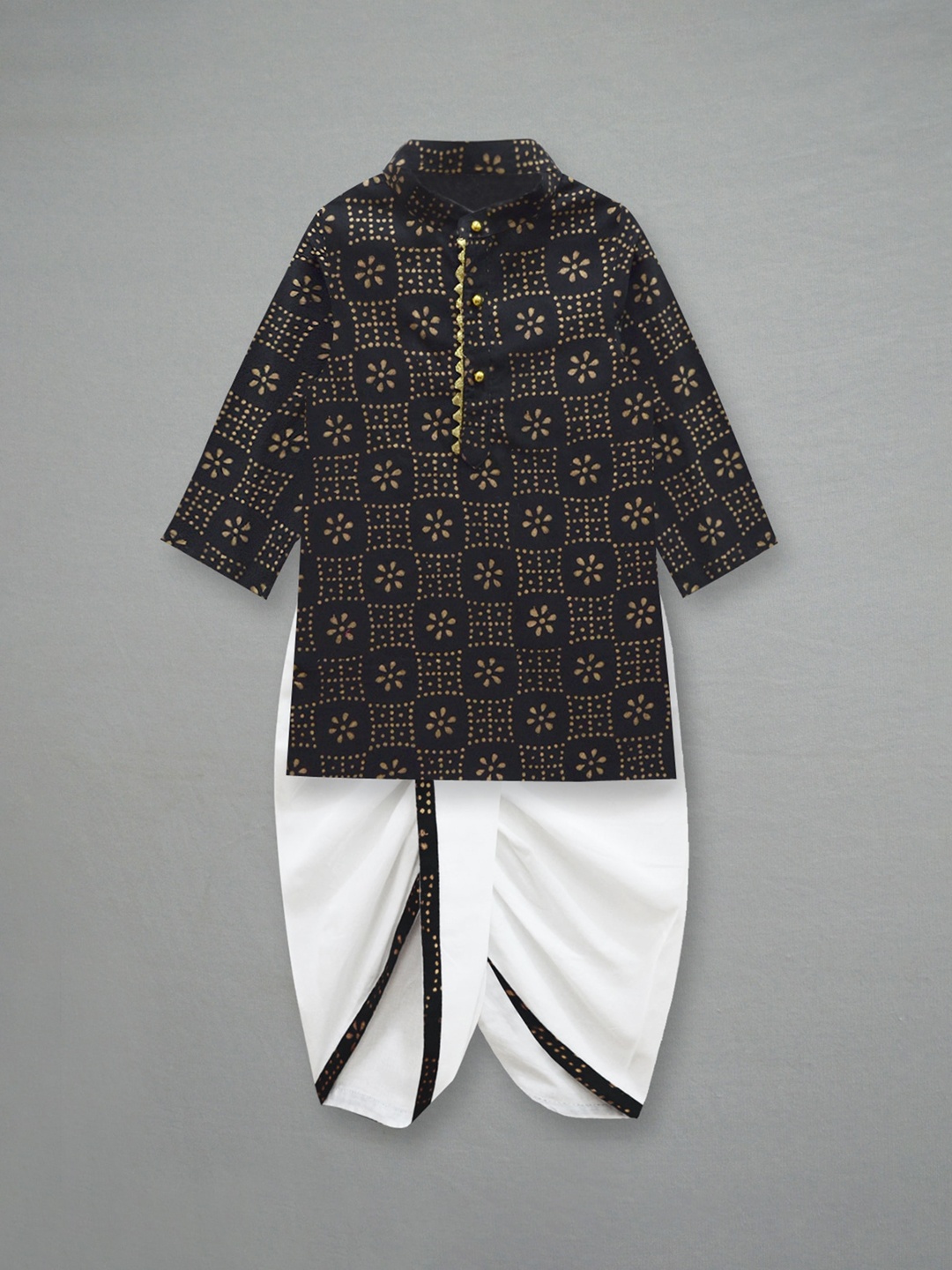

A T U N Boys Floral Printed Pure Cotton Kurta with Dhoti Pants, Black