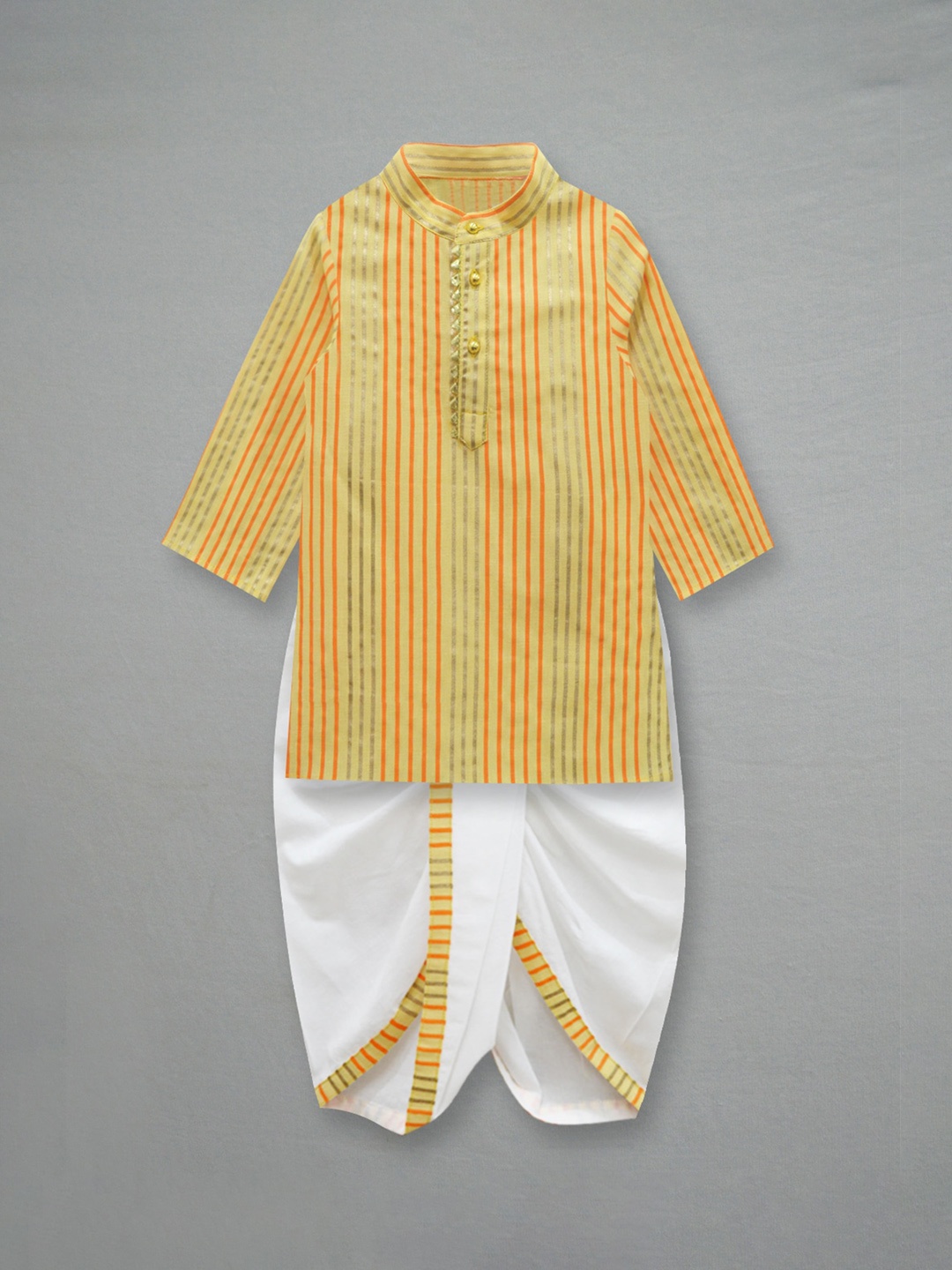 

A T U N Boys Yellow Striped Pure Cotton Kurta with Dhoti Pants