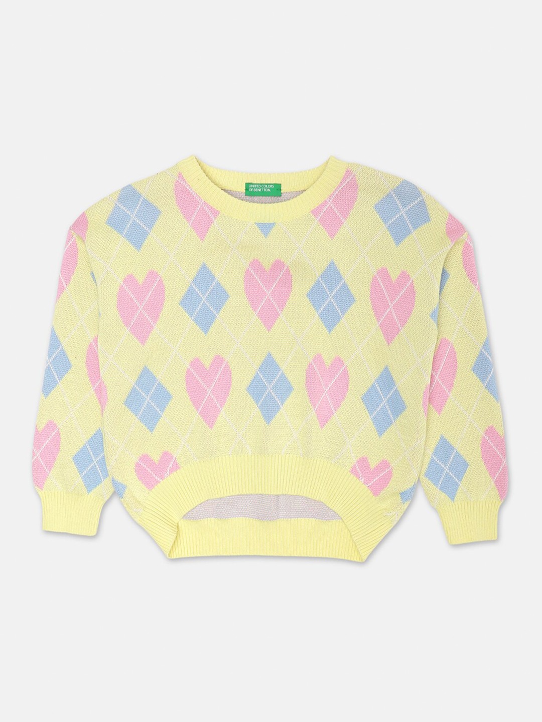 

United Colors of Benetton Girls Yellow & Blue Printed Cotton Long Sleeve Pullover Sweater