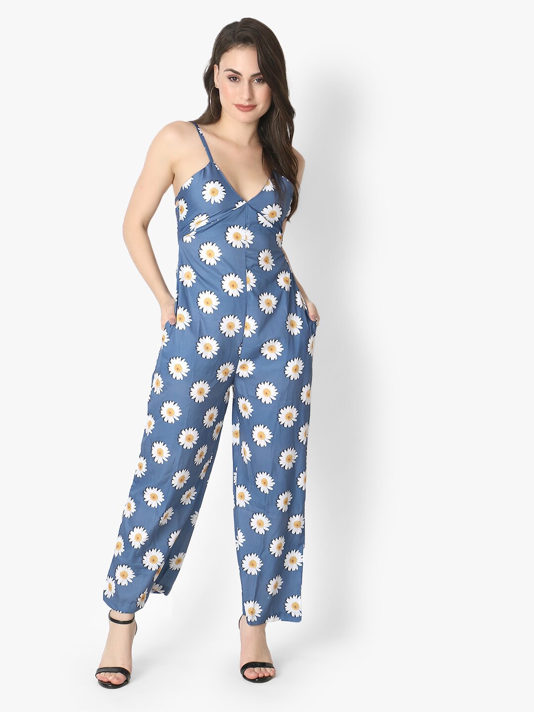 

Again fashions Women Blue & White Printed Basic Jumpsuit