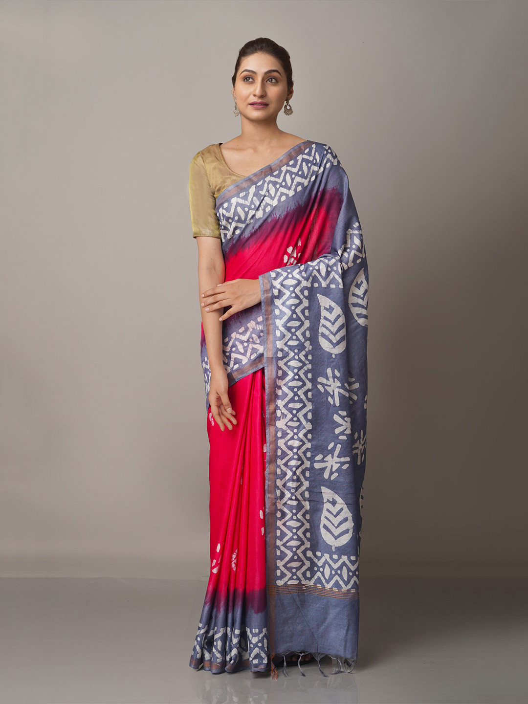 

Unnati Silks Pink & White Batik Zari Pure Silk Chanderi Saree