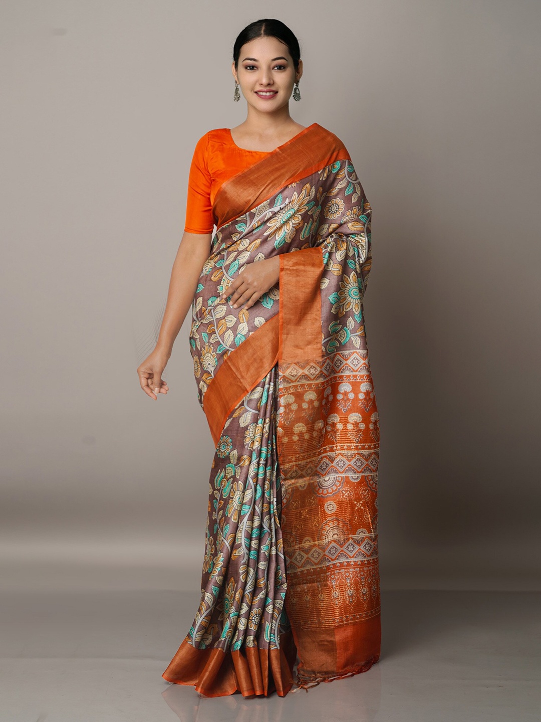 

Unnati Silks Purple & Orange Ethnic Motifs Pure Silk Tussar Saree