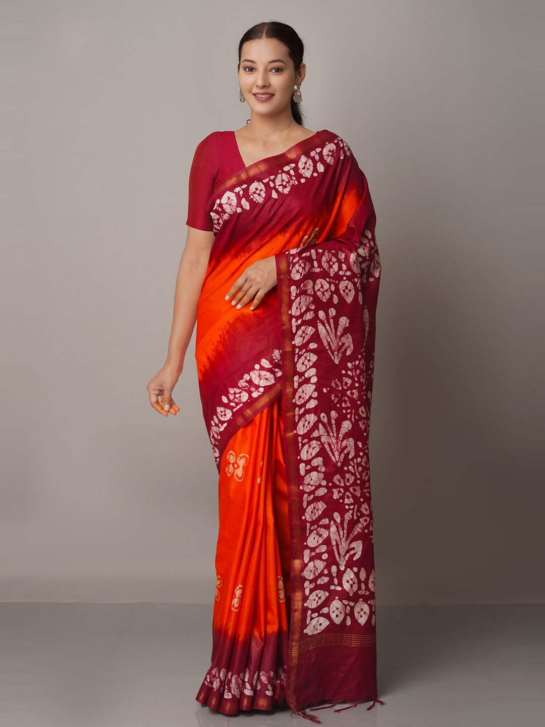 

Unnati Silks Orange & Red Batik Zari Pure Silk Chanderi Saree