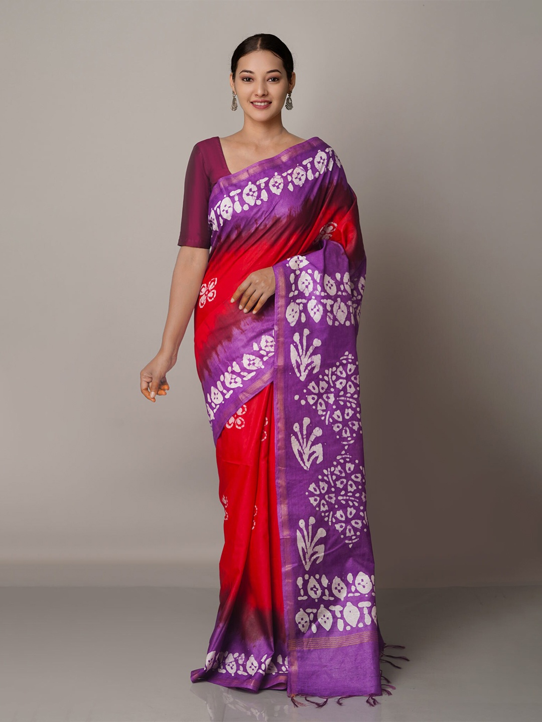 

Unnati Silks Red & Purple Batik Zari Pure Silk Chanderi Saree