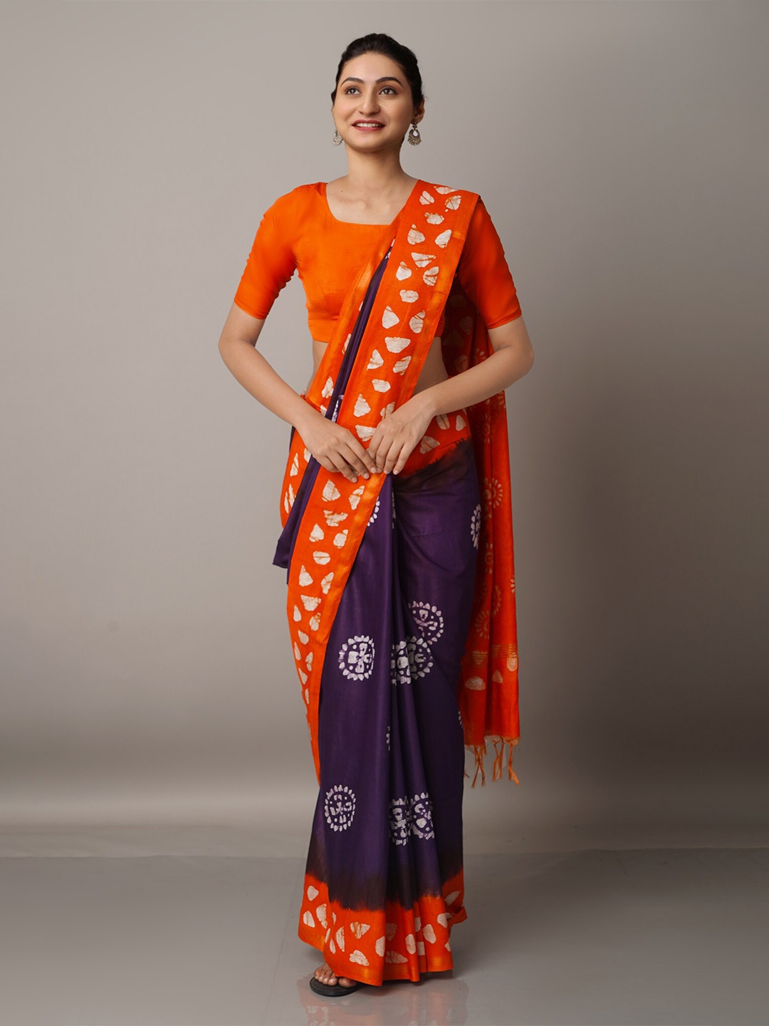 

Unnati Silks Navy Blue & Orange Batik Zari Pure Silk Chanderi Saree