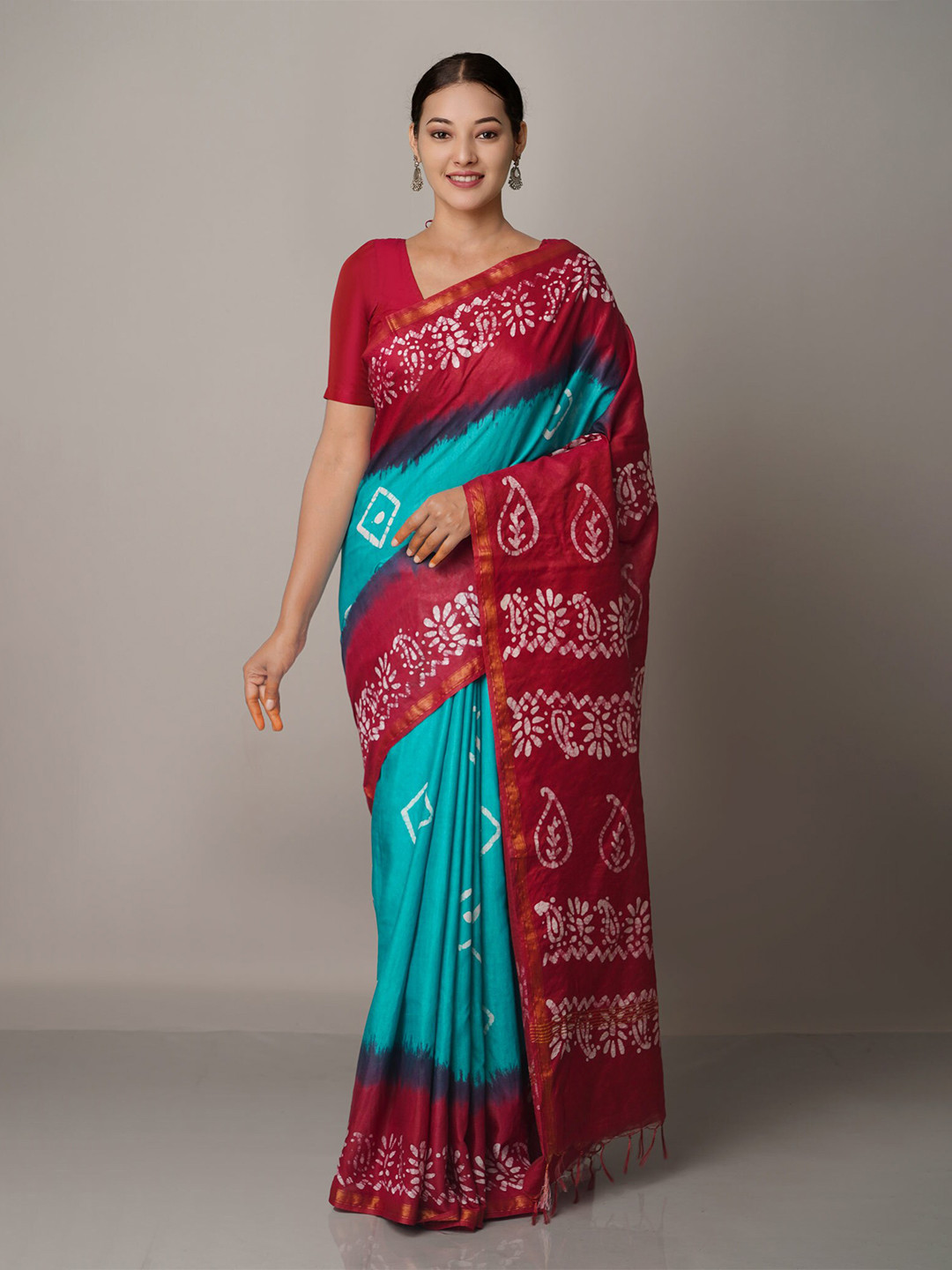 

Unnati Silks Blue & Pink Batik Zari Pure Silk Chanderi Saree