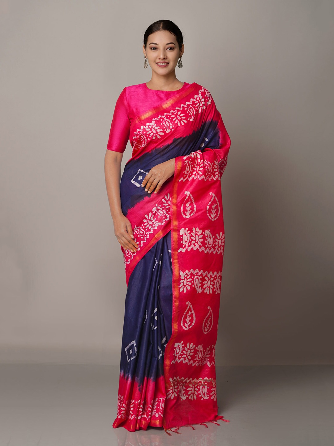 

Unnati Silks Navy Blue & Pink Batik Zari Pure Silk Chanderi Saree