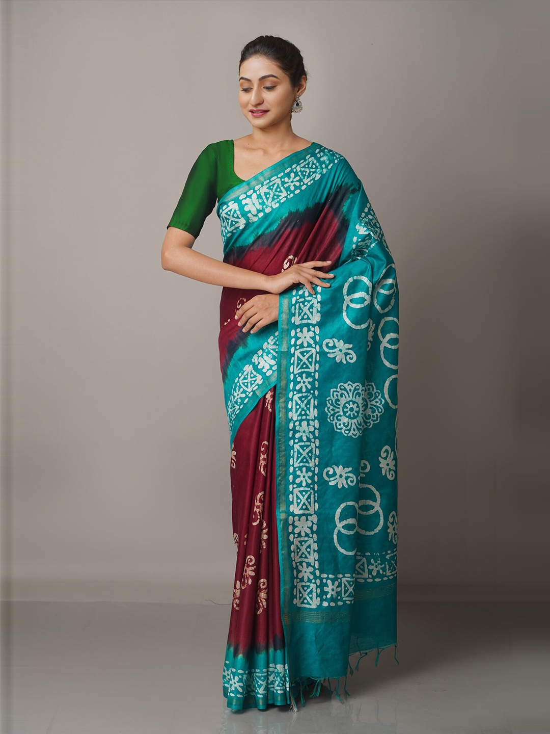 

Unnati Silks Maroon & Blue Batik Zari Pure Silk Chanderi Saree