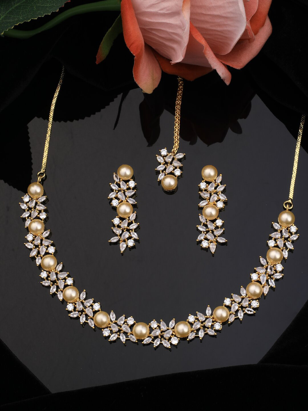 

Vita Bella Gold-Plated & White CZ Studded Antique Jewellery Set