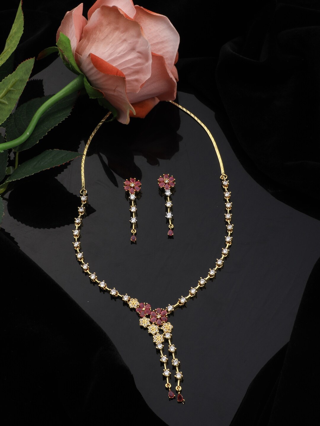 

Vita Bella Gold-Plated & Red CZ Stone-Studded Jewellery Set