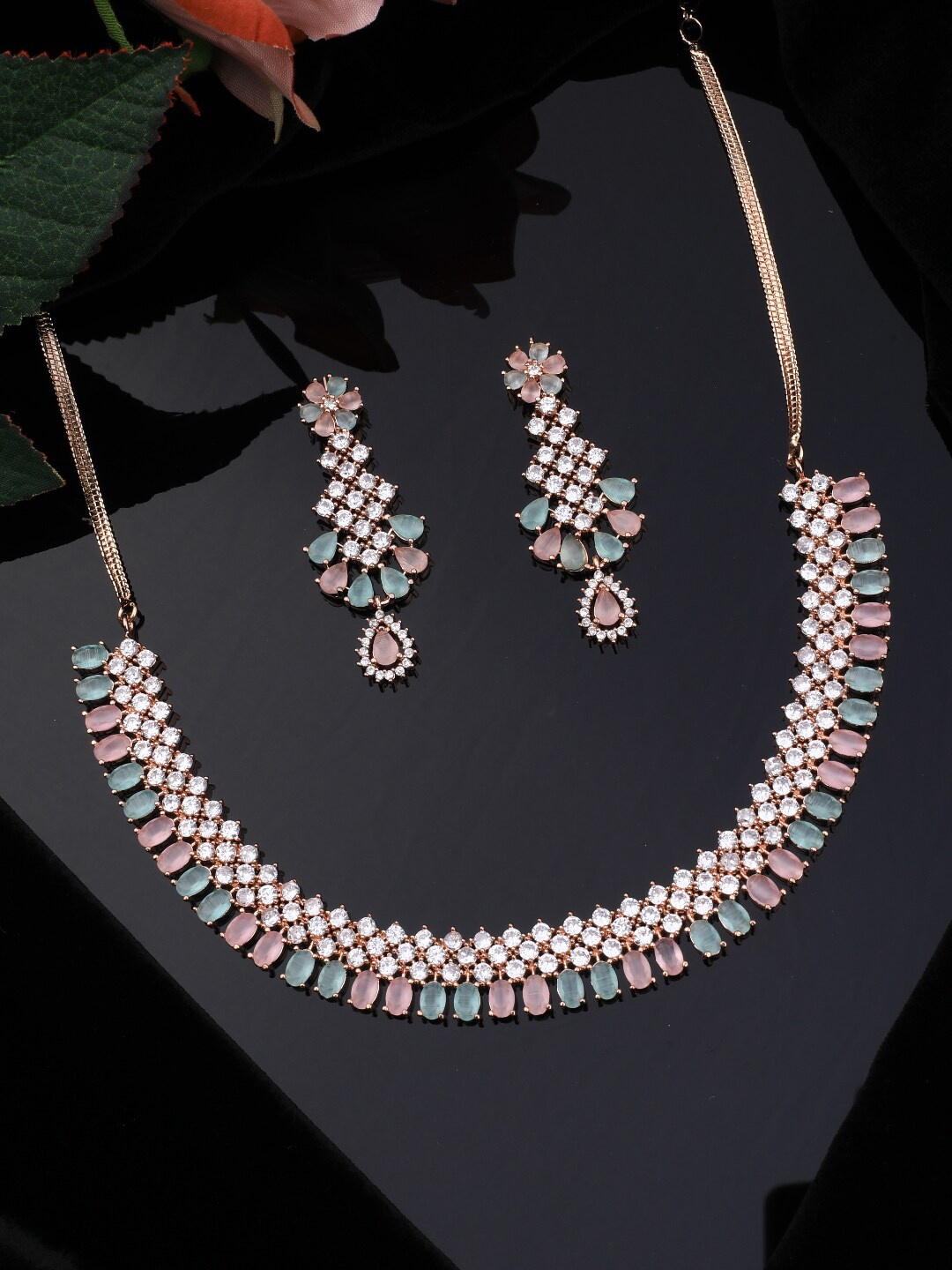

Vita Bella Gold-Plated White & Pink CZ-Studded Jewellery Set