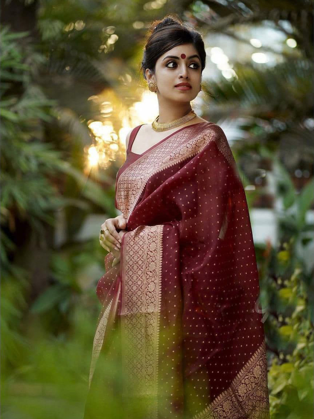 

Jinax Maroon & Gold-Toned Ethnic Motifs Zari Pure Silk Banarasi Saree
