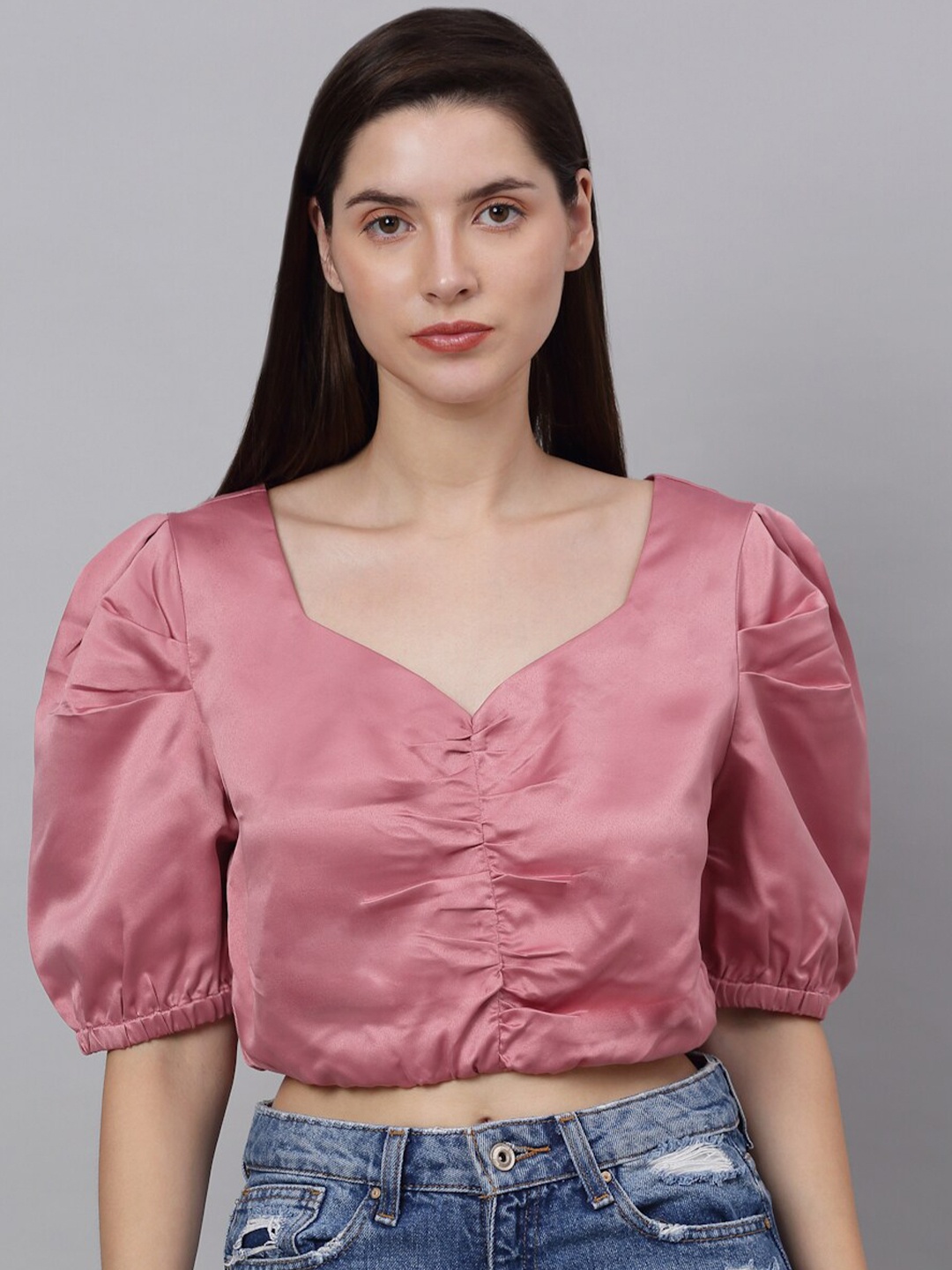 

NEUDIS Pink Sweetheart Neck Satin Crop Top