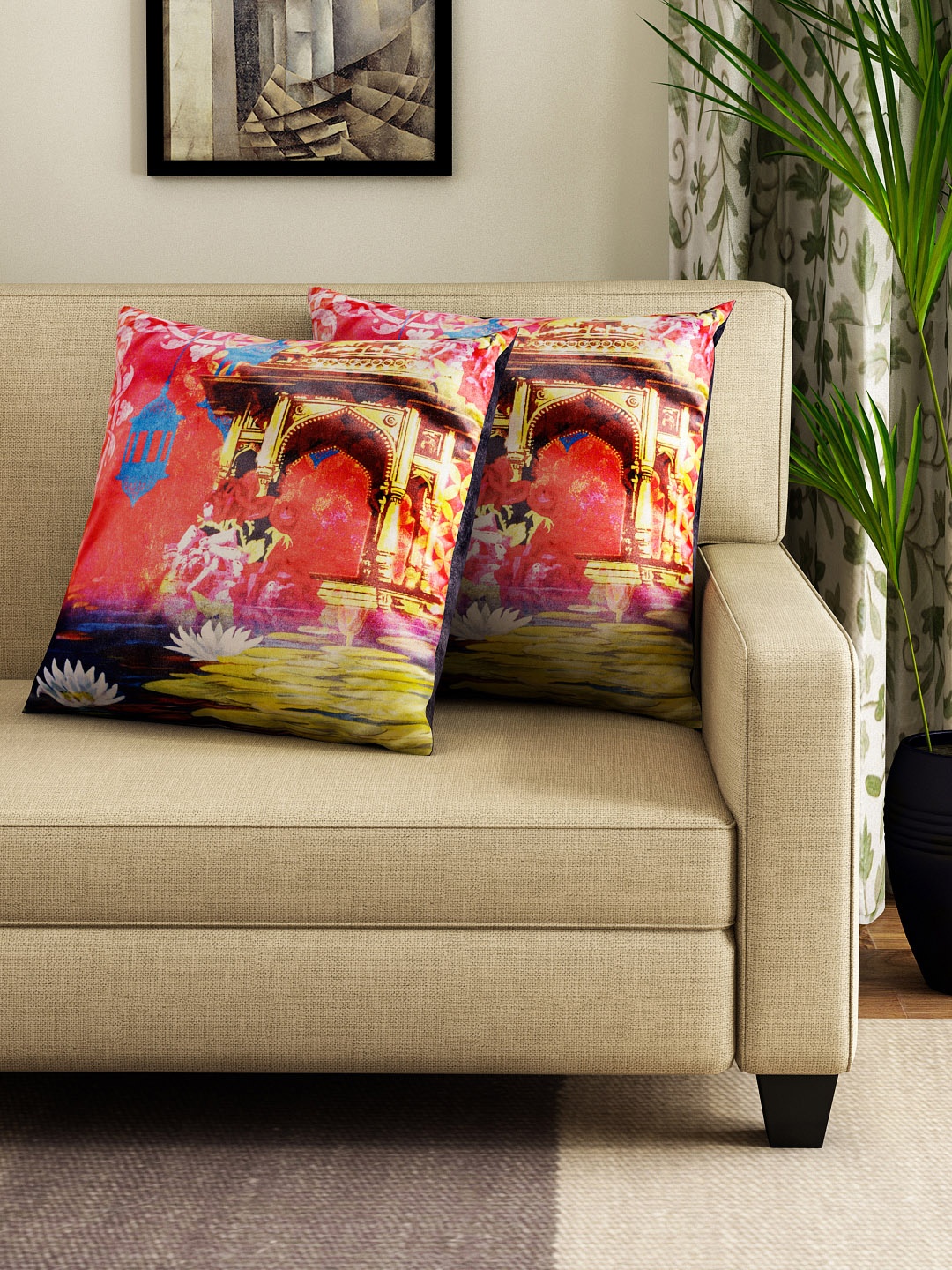 

HOUZZCODE Set of 2 Red & Yellow Printed 16" x 16" Square Cushion Covers