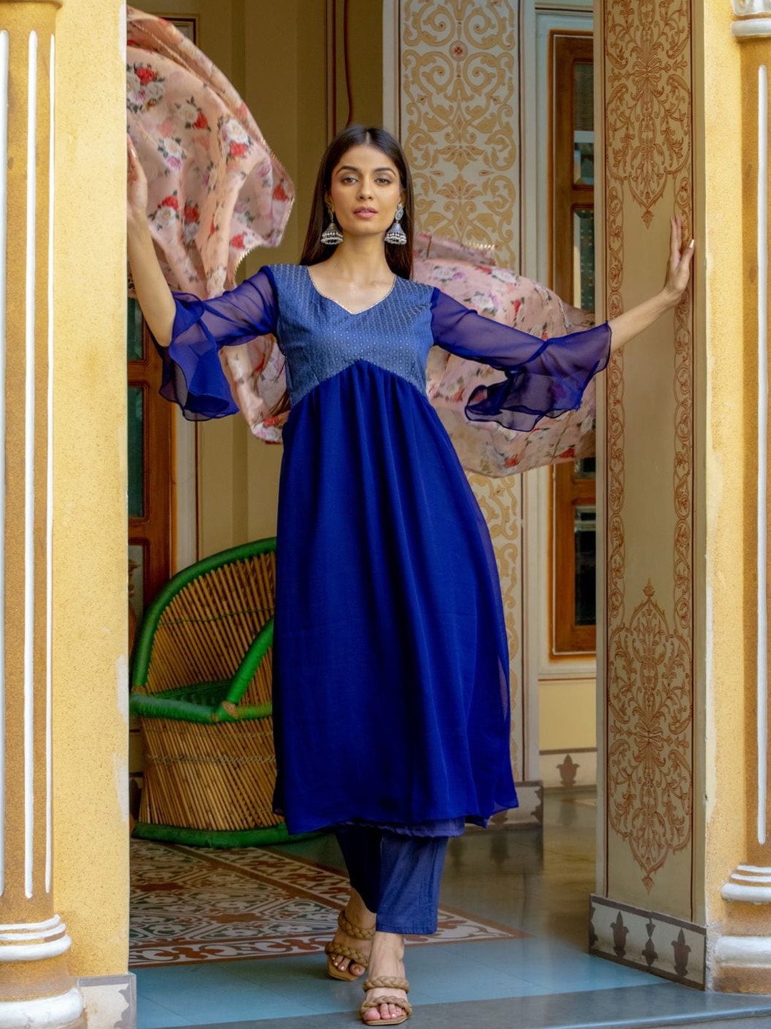 

HOUSE OF JAMOTI Women Kurta with Trousers & With Dupatta, Navy blue