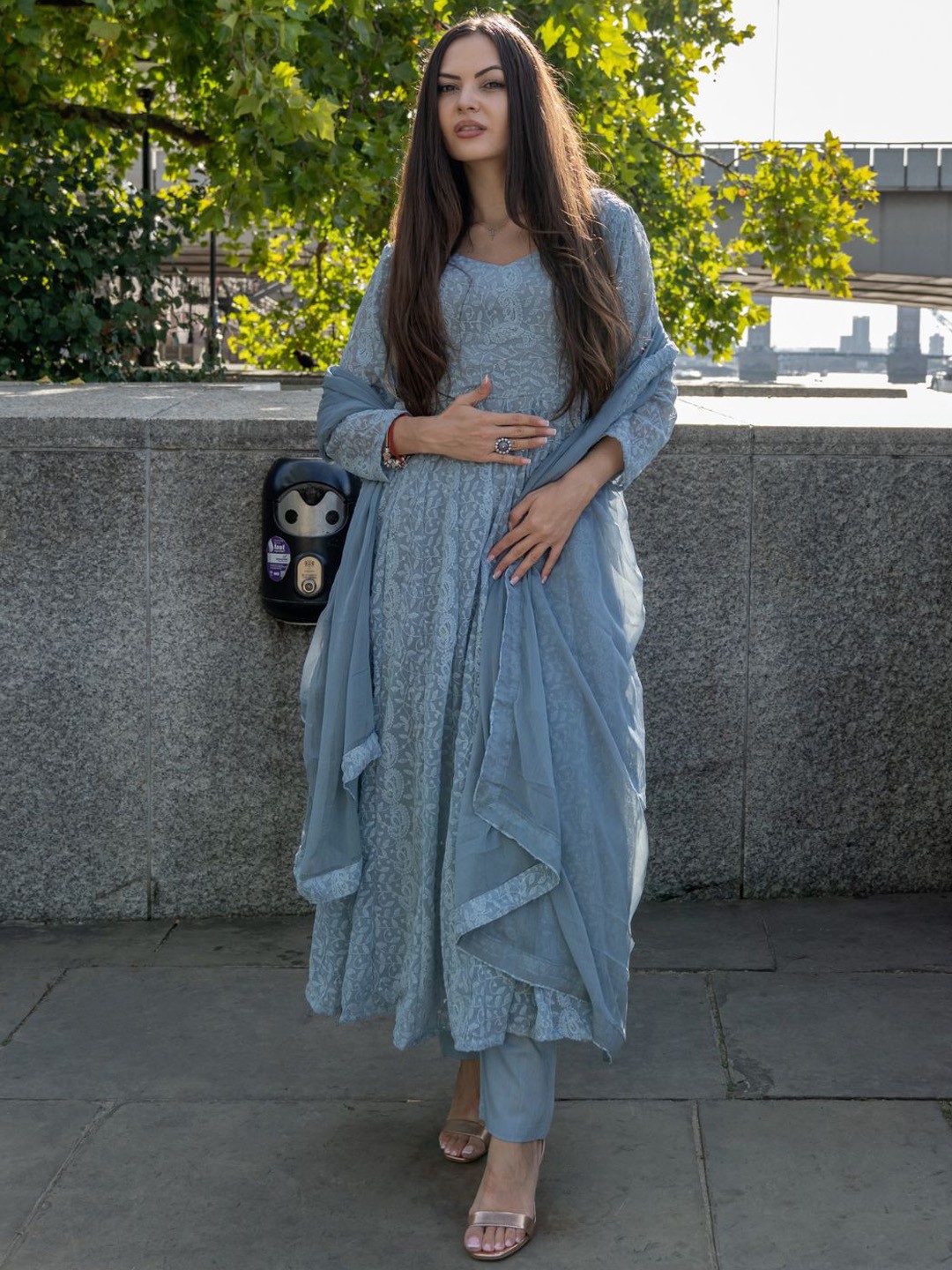 

HOUSE OF JAMOTI Women Grey Ethnic Motifs Embroidered Kurta with Trousers & Dupatta