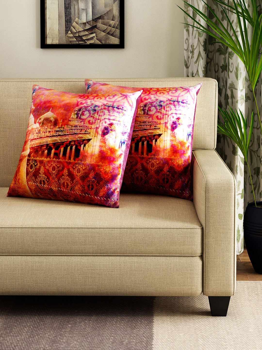 

HOUZZCODE Set of 2 Orange Printed 16" x 16" Square Cushion Covers