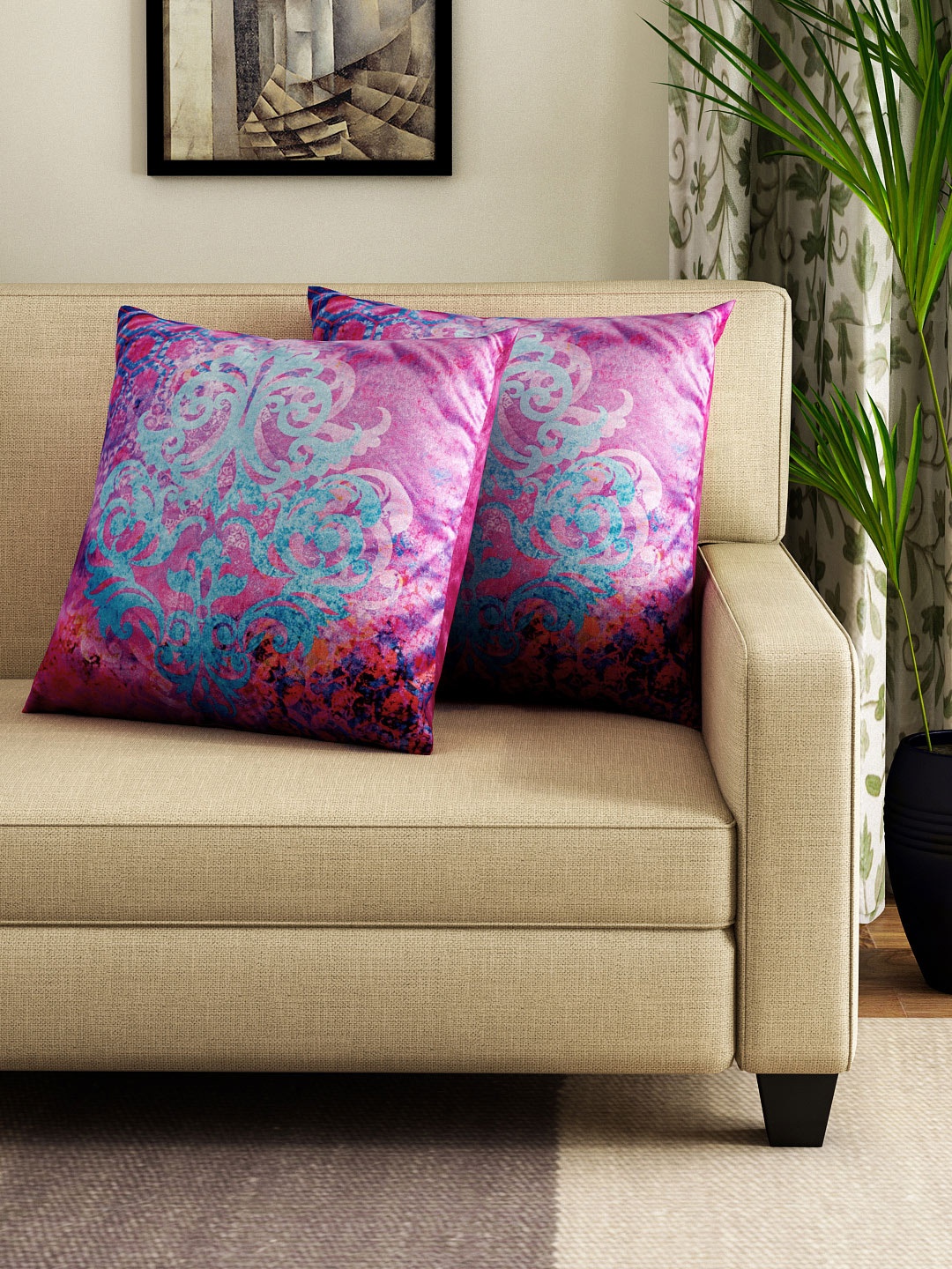 

HOUZZCODE Set of 2 Pink Printed 16" x 16" Square Cushion Covers