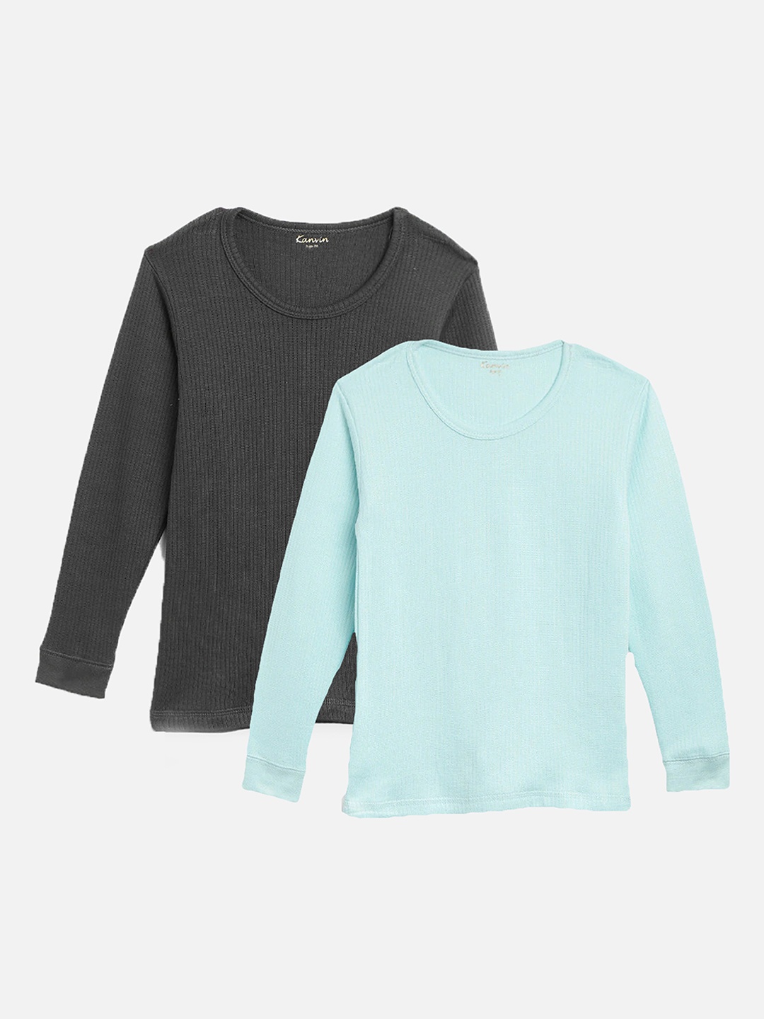 

Kanvin Boys Pack Of 2 Charcoal & Turquoise Ribbed Cotton Thermal Tops, Turquoise blue