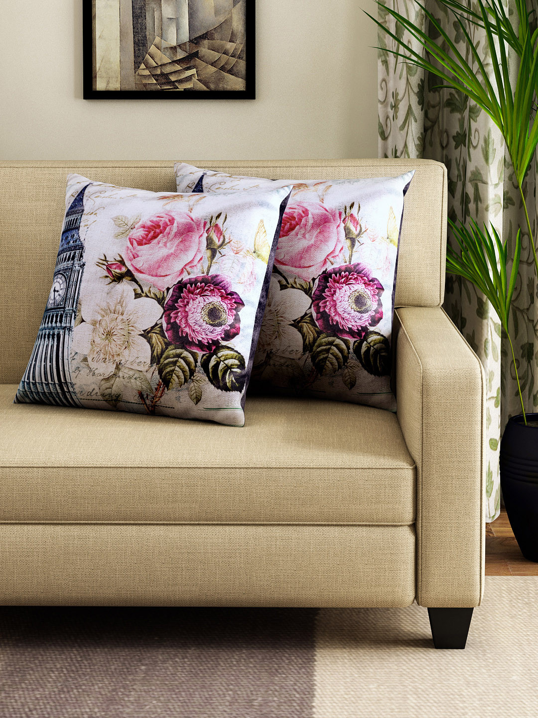 

HOUZZCODE Set of 2 Grey & Pink Printed 16" x 16" Square Cushion Covers
