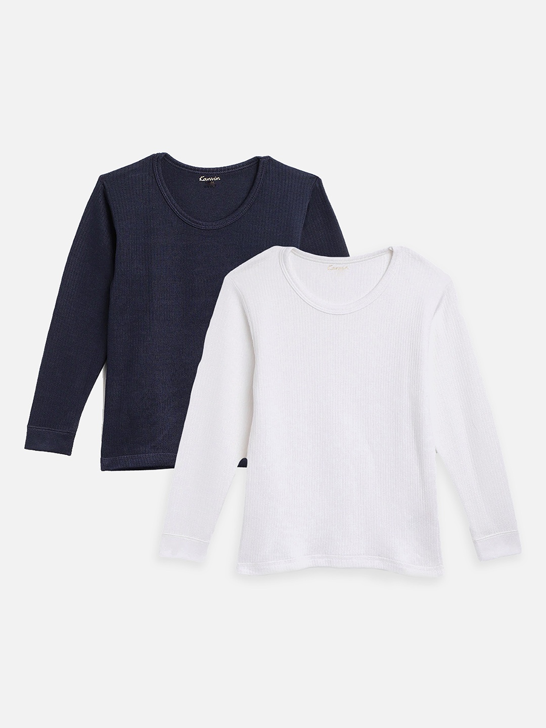 

Kanvin Pack of 2 ribbed Boys White & Navy Blue Ribbed Cotton Thermal Tops