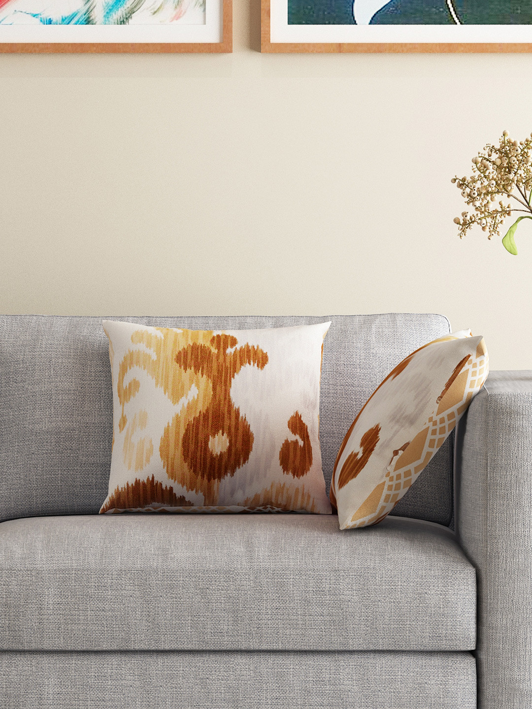 

HOUZZCODE Set of 2 White & Brown Printed Double-Sided 12" x 12" Square Cushion Covers