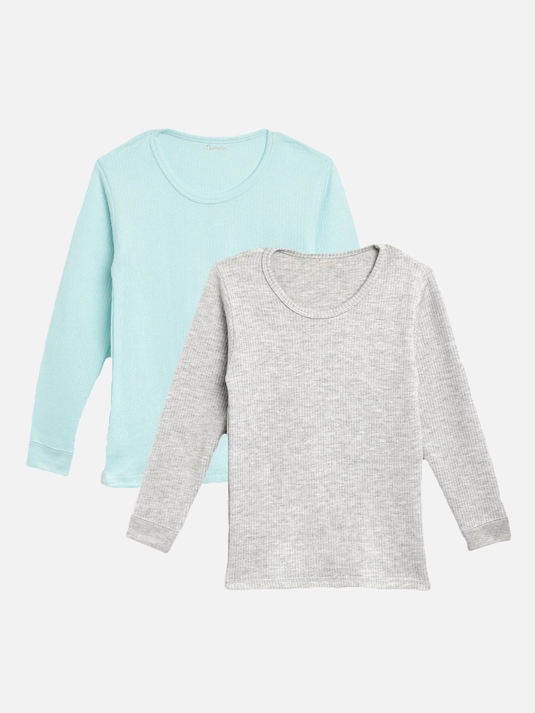 

Kanvin Boys Pack Of 2 Grey Melange & Turquoise Blue Ribbed Cotton Thermal Tops