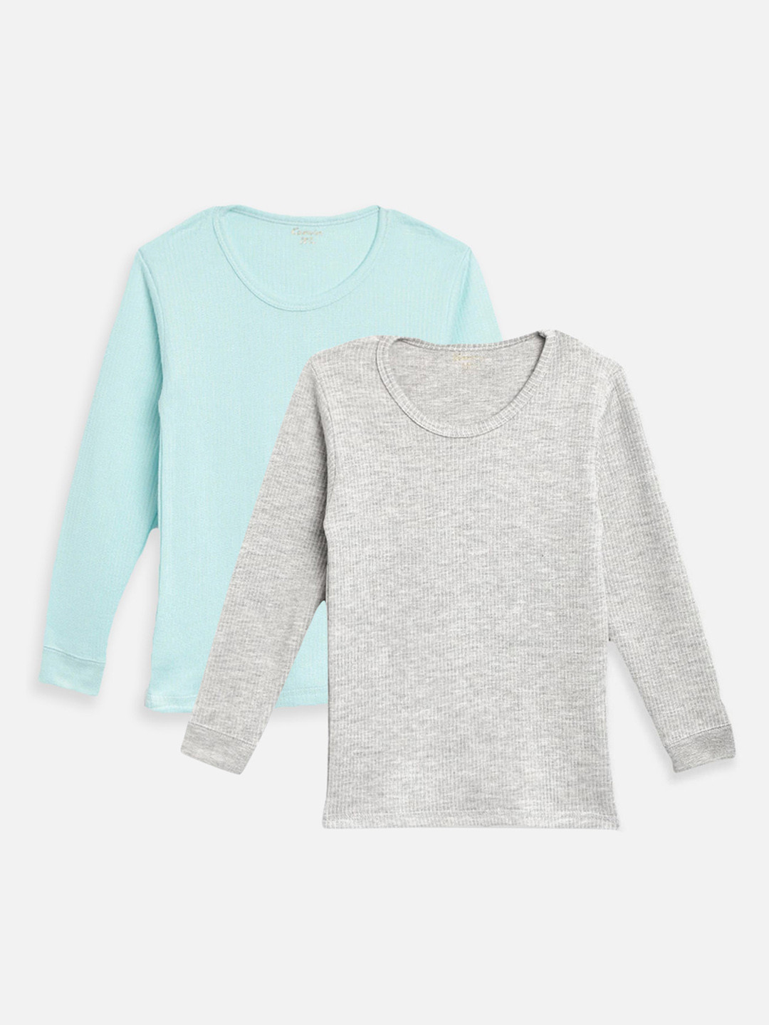 

Kanvin Boys Pack Of 2 Grey Melange & Turquoise Blue Ribbed Cotton Thermal Tops