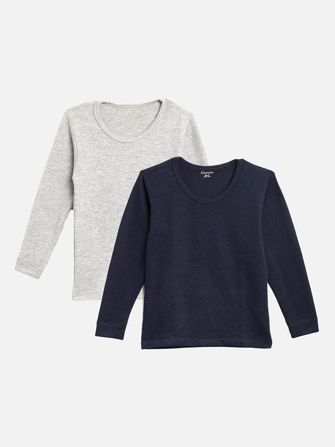 

Kanvin Boys Pack Of 2 Navy Blue & Grey Melange Ribbed Thermal Tops