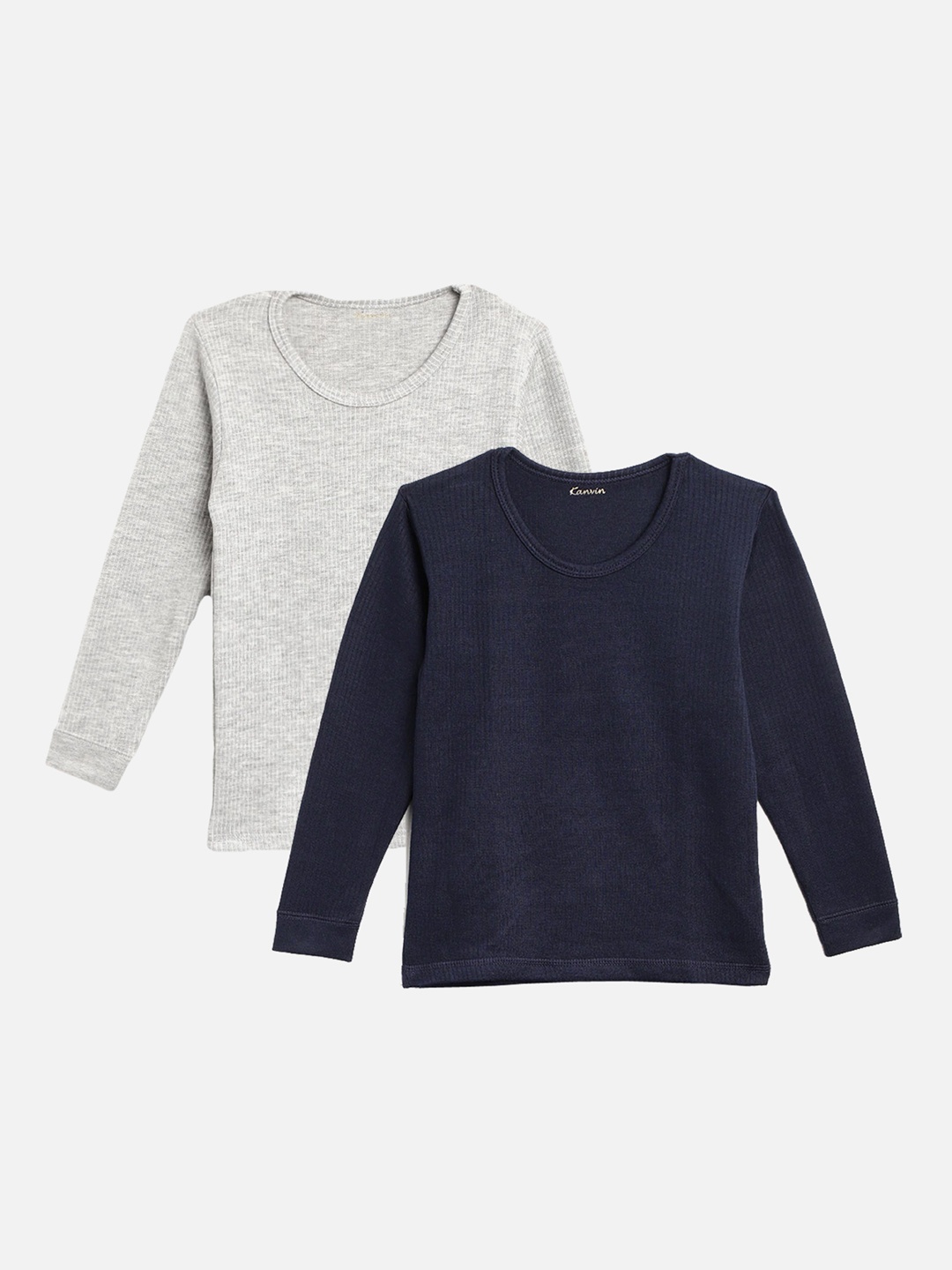 

Kanvin Boys Pack Of 2 Navy Blue & Grey Melange Ribbed Cotton Thermal Tops