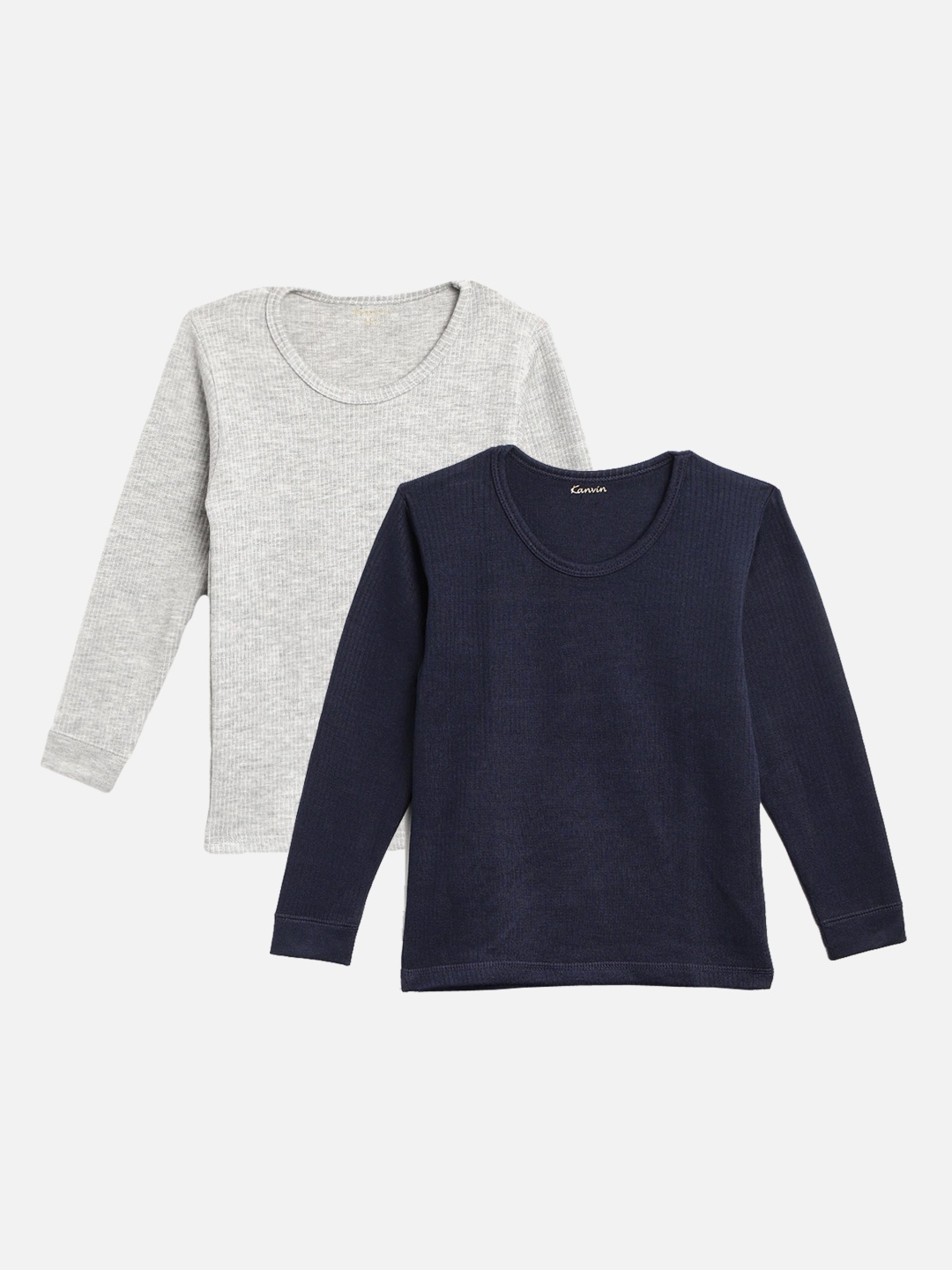 

Kanvin Boys Pack Of 2 Grey Melange & Navy Blue Ribbed Cotton Thermal Tops