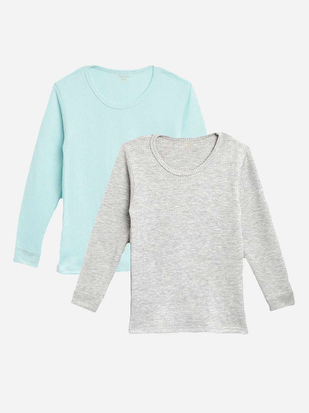 

Kanvin Boys Pack Of 2 Grey Melange & Turquoise Blue Ribbed Cotton Thermal Tops