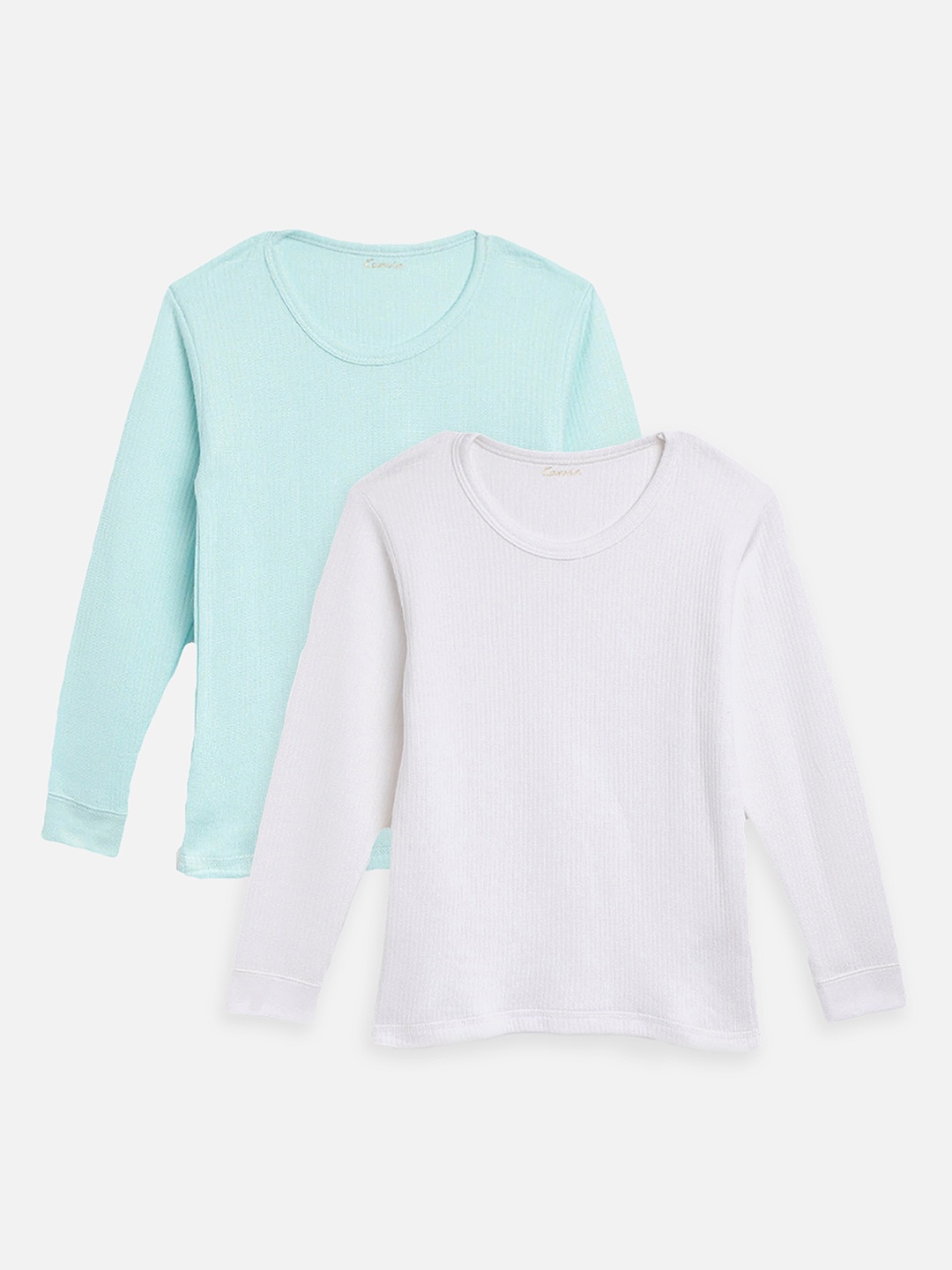 

Kanvin Infants White & Turquoise bluePack of 2 Self Design Cotton Thermal Tops, Turquoise blue