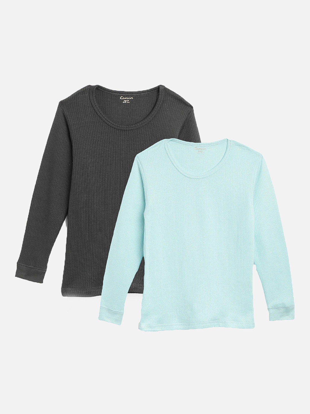 

Kanvin Boys Turquoise Blue & charcoal Pack Of 2 Solid Thermal Tops