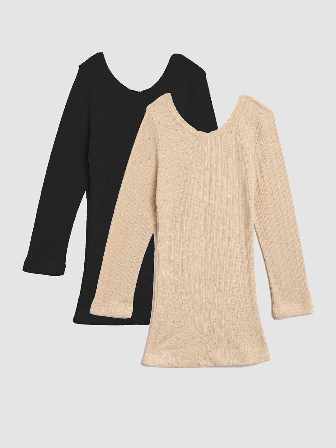 

Kanvin Girls Black & Beige Pack Of 2 Self Design Thermal Tops