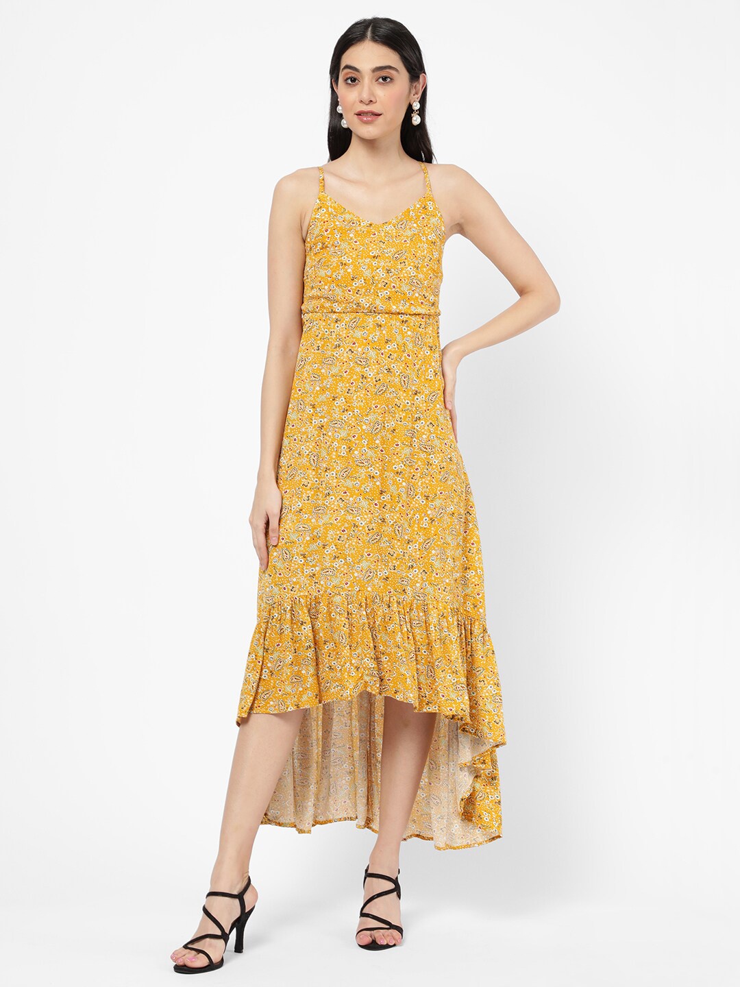

R&B Yellow Floral A-Line Midi High-Low Dress