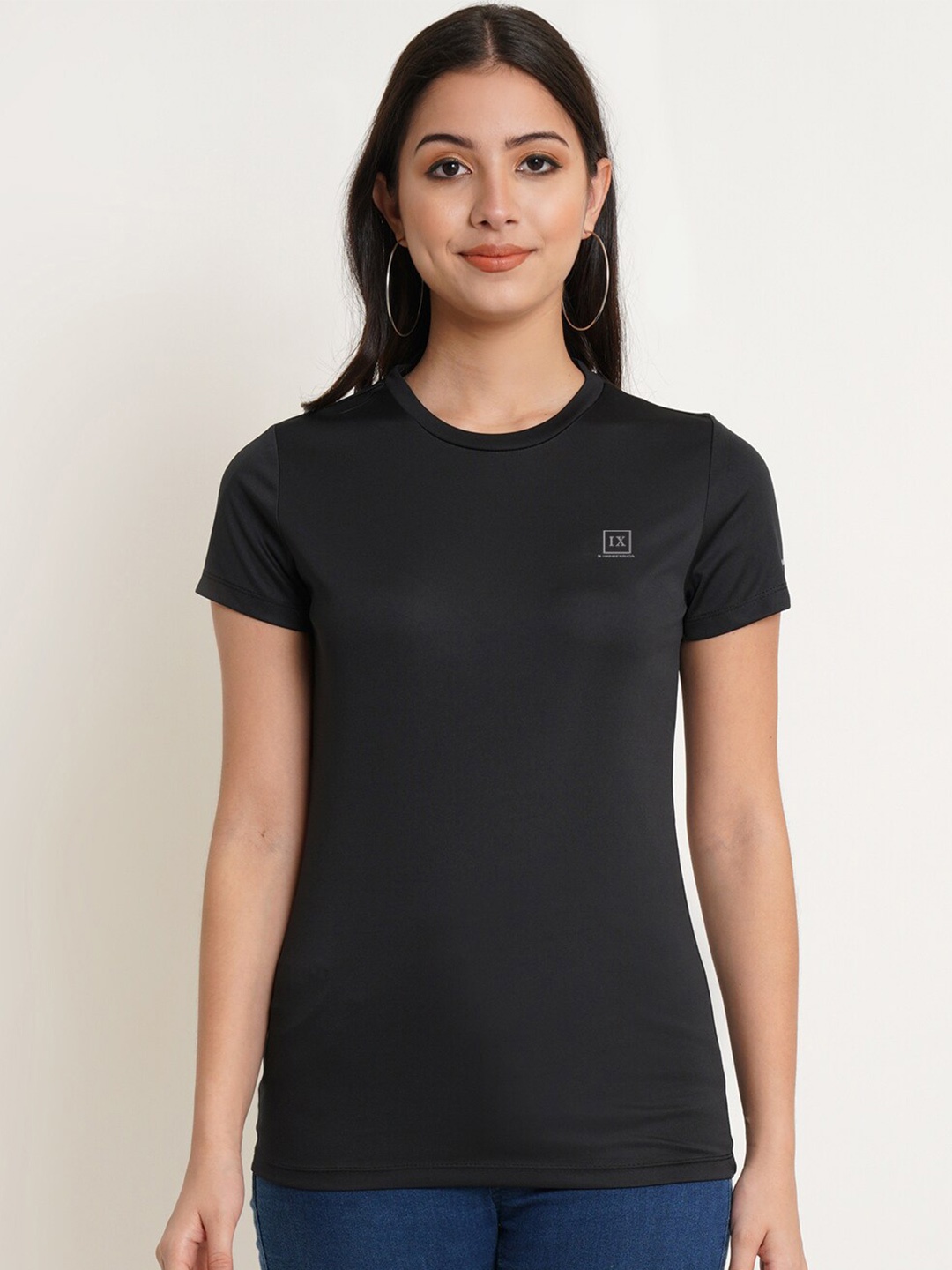 

IX IMPRESSION Women Black Solid Active Wear Dri-Fit T-shirt