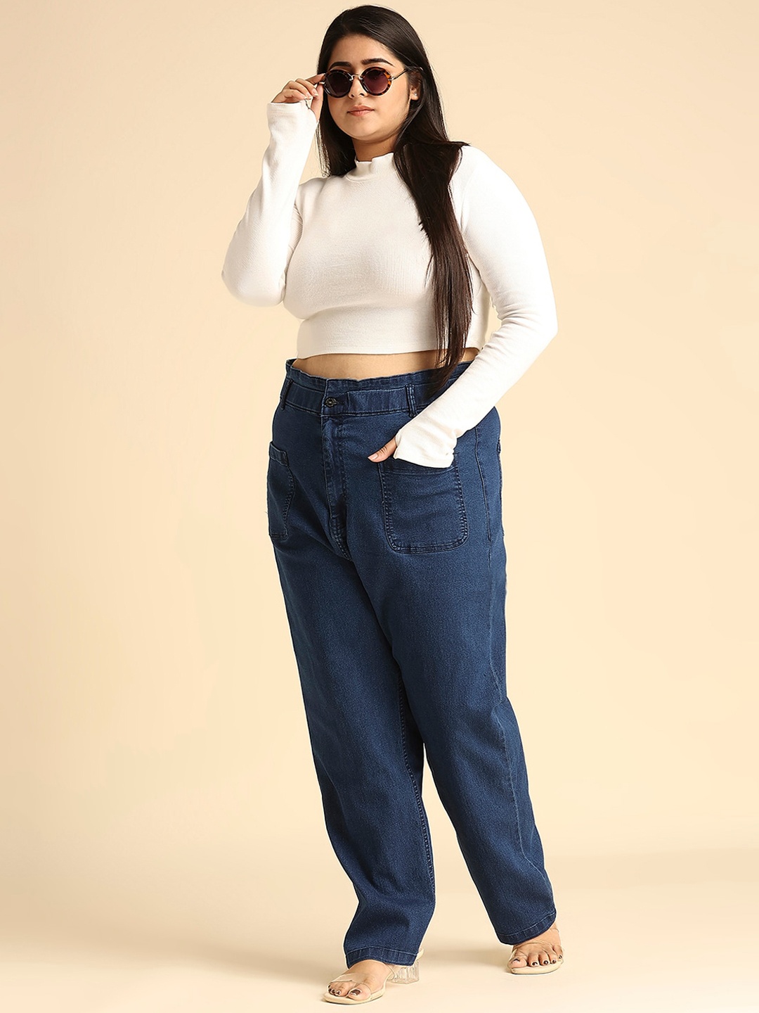 

High Star Women Plus Size Blue Straight Fit High-Rise Stretchable Jeans